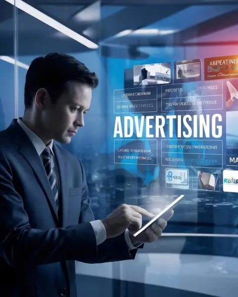 A man in a suit looks at a tablet that projects a holographic display with the word "ADVERTISING" and media tiles.