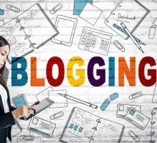 A woman in a business suit uses a tablet, with "BLOGGING" in bold colors and various stationery icons in the background.