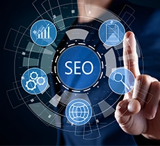 A person’s hand is poised to touch a circular interface displaying icons related to SEO, including graphs, gears, and a magnifying glass.